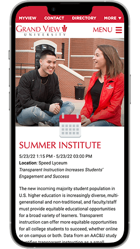 A Grand View events calendar image on a mobile device.