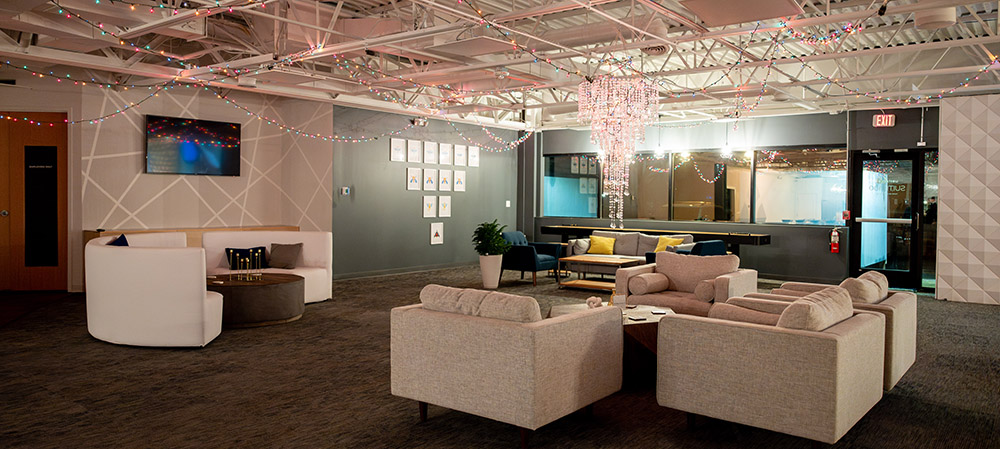 soft seating lounge set up in west48 for a party.