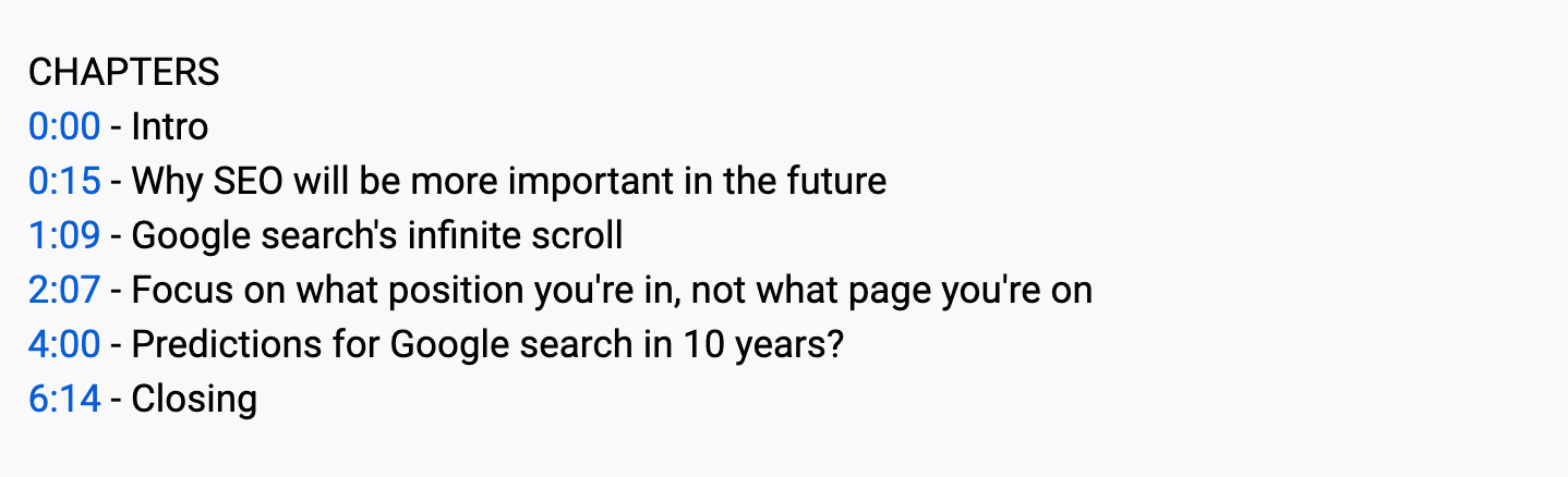 Screenshot of Youtube timestamps.